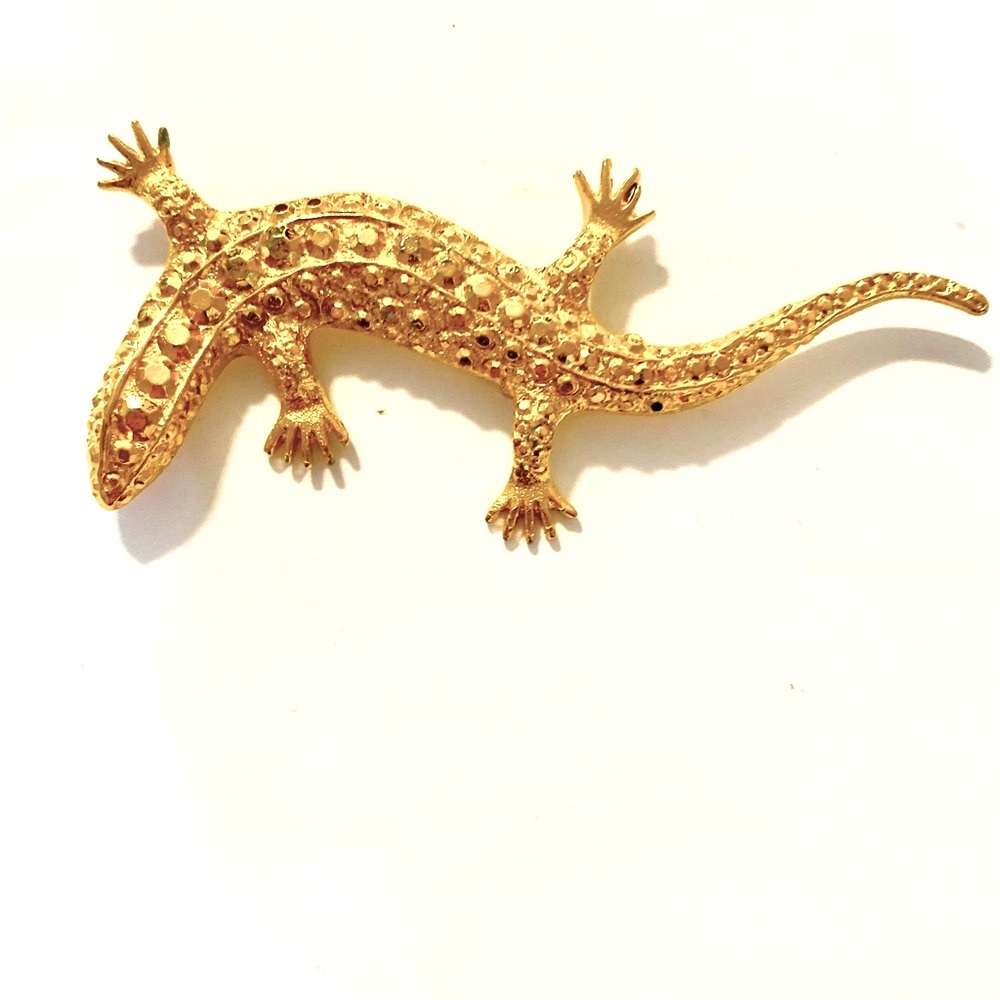 VINTAGE TEXTURED GOLD TONE LIZARD GECKO REPTILE BROOCH PIN 4”
